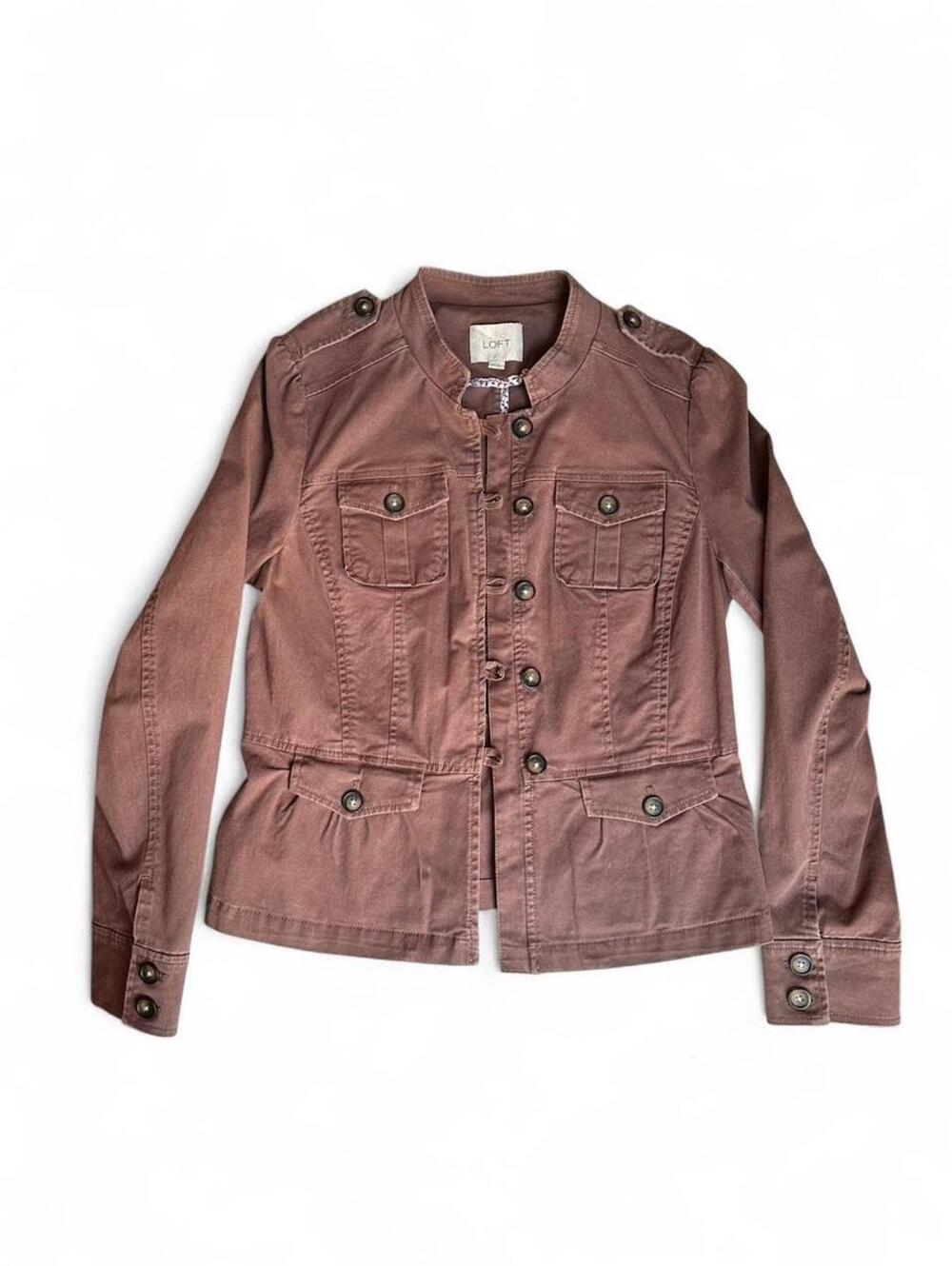 LOFT Cotton Twill Utility Jacket Medium Burgundy Military Style Stretch